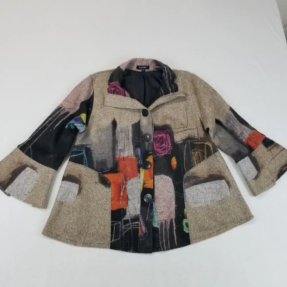 Damee Jacket Womens Small Multicolor Abstract Art to Wear Button Wire Collar - Picture 8 of 8
